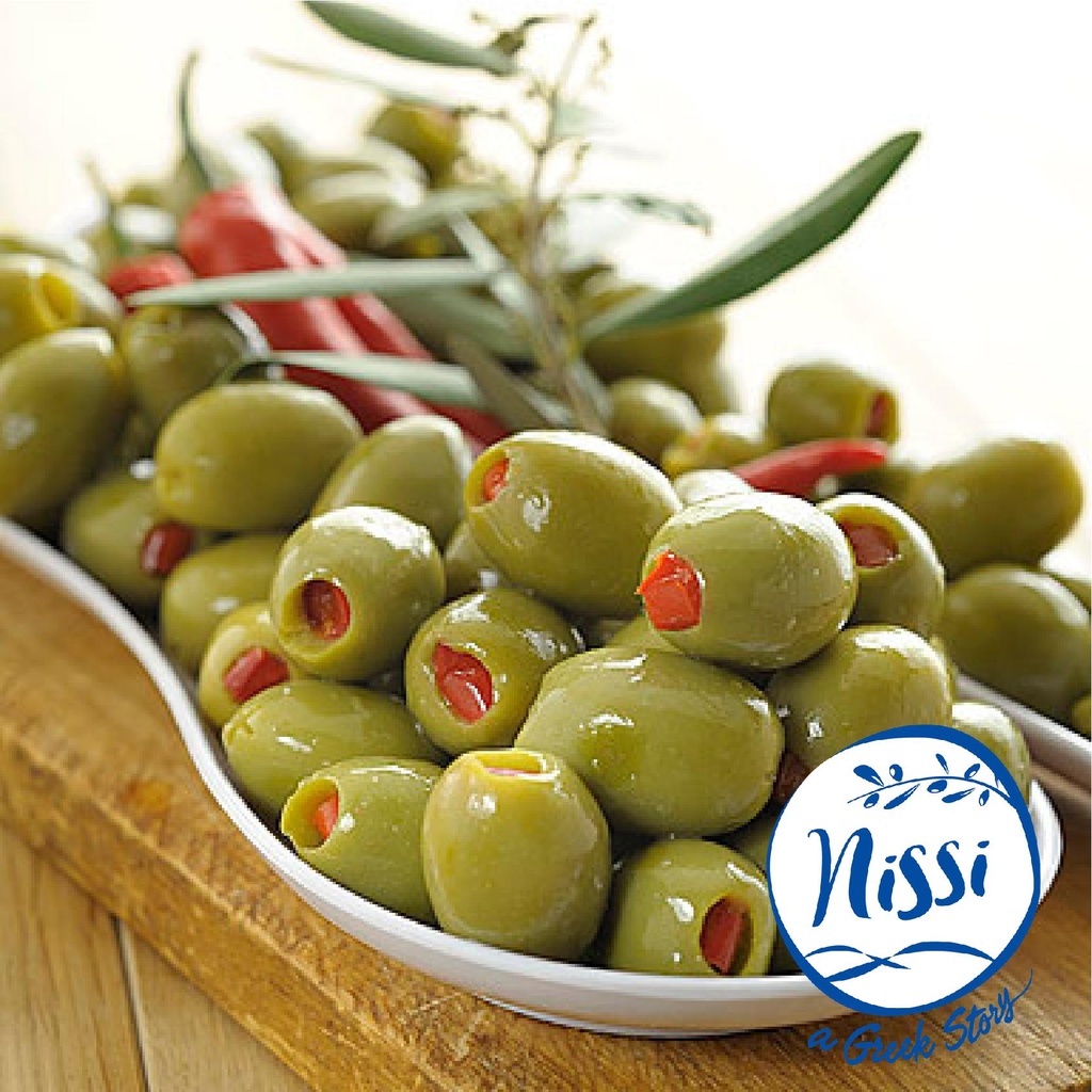 Organic Greek Nissi Halkidiki Olives Stuffed with Red Natural Pepper kg